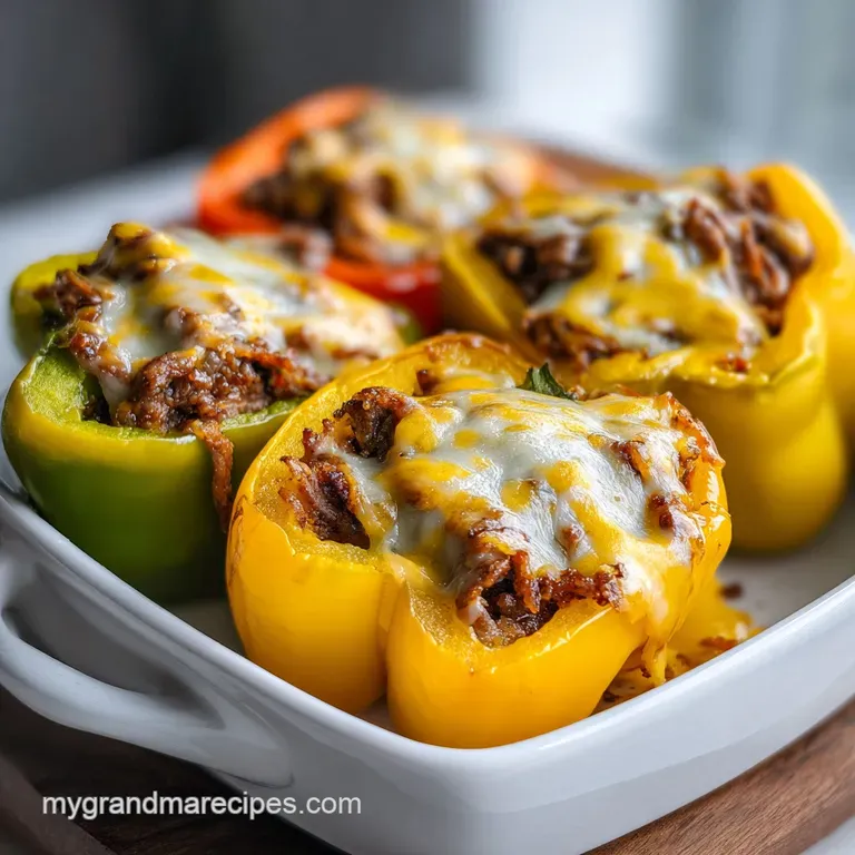 A halved, golden-brown pepper overflowing with juicy steak and creamy cheese, beautifully plated with a vibrant green garn...