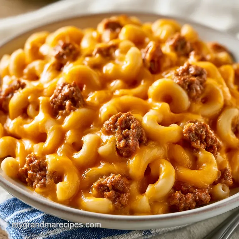 Elegant white dish holding a scoop of melted golden cheese pasta and browned beef, garnished with fresh parsley.