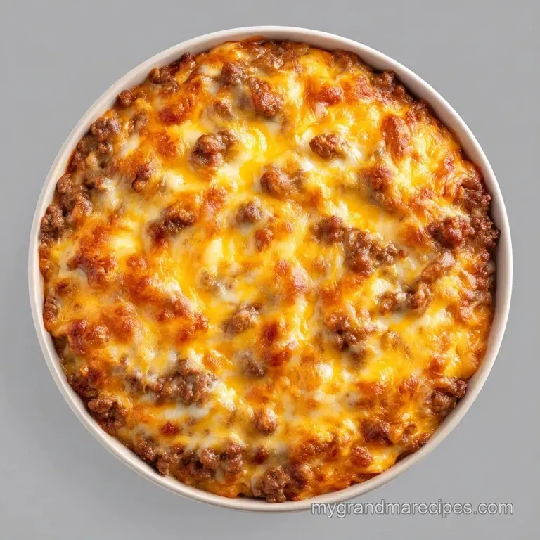 A square slice of savory beef and cheese bake on a white plate, garnished with a sprig of fresh green parsley.