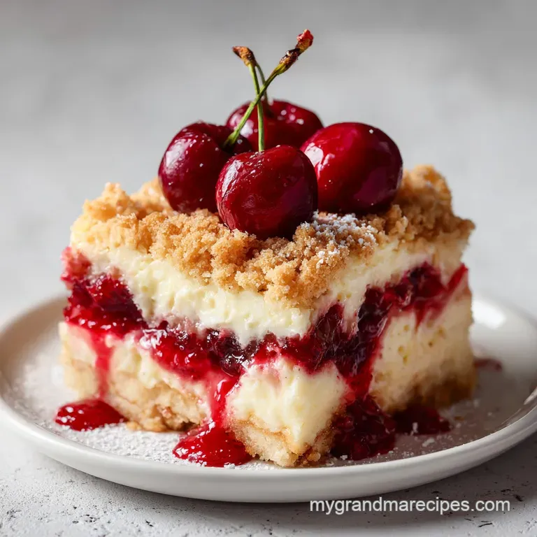 Slice of creamy cherry cheesecake dump cake on a white plate. Swirls of red cherry filling against the pale yellow base.
