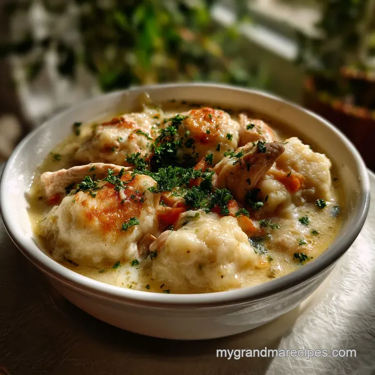 A single serving of chicken and dumplings, garnished with fresh herbs, in a shallow white bowl, showcasing a rustic elegance.