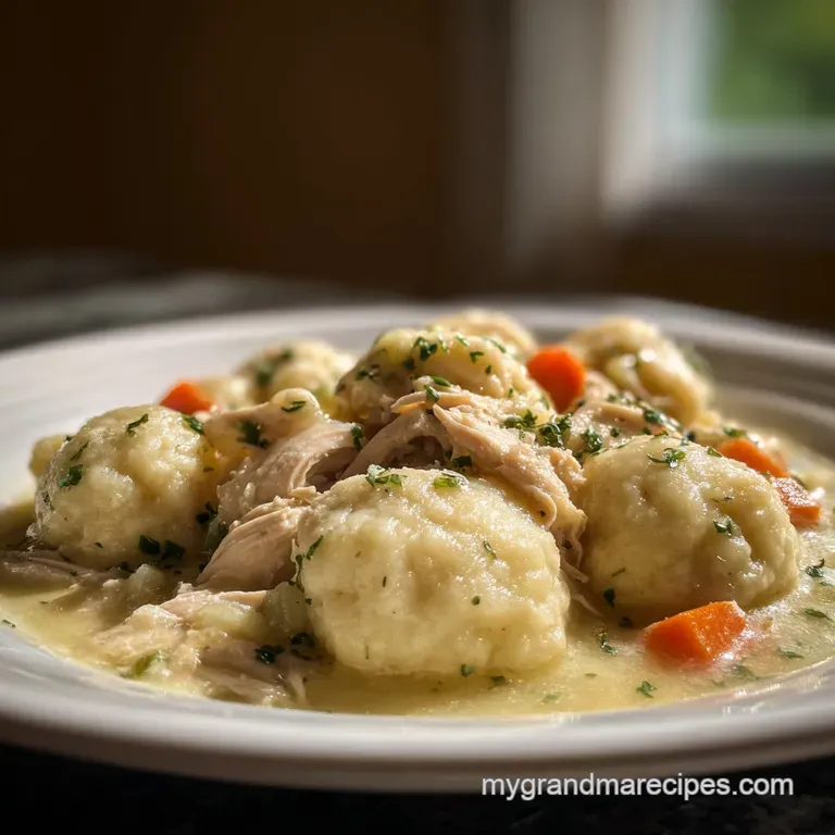 Elegant serving of chicken and dumplings in a white bowl. Steaming broth glistens, topped with herbs and a sprinkle of pap...