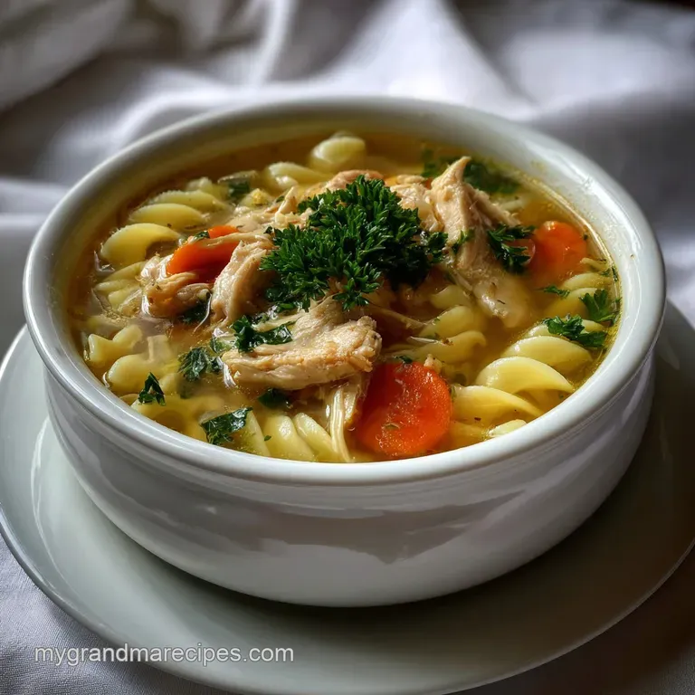 Elegant white bowl filled with glistening broth, showcasing perfect al dente noodles, pieces of chicken, and a garnish of ...