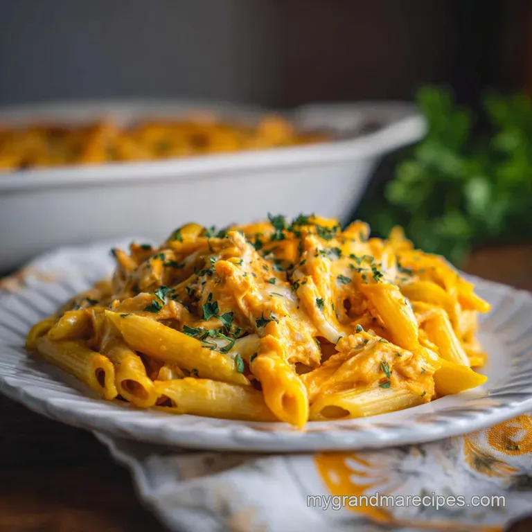 Creamy penne pasta with tender chicken and melted cheese, plated elegantly with a sprig of parsley. Comfort food, elevated.