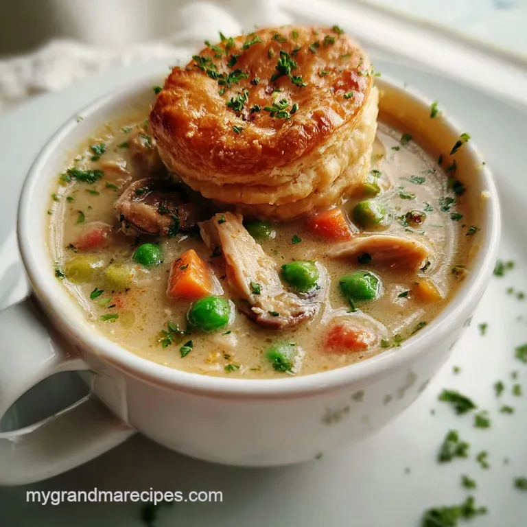 Elegant bowl of steaming, thick chicken soup topped with golden pastry squares and fresh parsley sprigs.