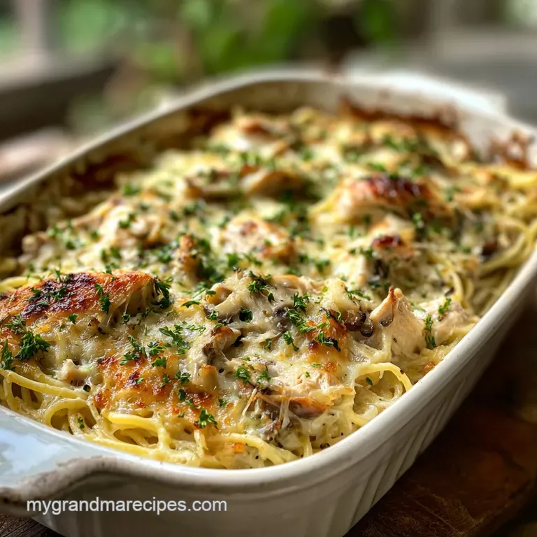 Elegant plate of tetrazzini, strands of pasta swirled in a creamy sauce with tender chicken. Sprinkled with fresh parsley.