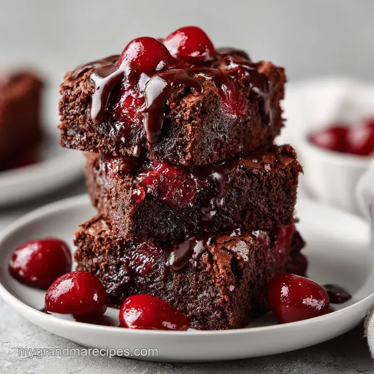 A single brownie square, fudgy and dense, topped with a maraschino cherry and chocolate drizzle.