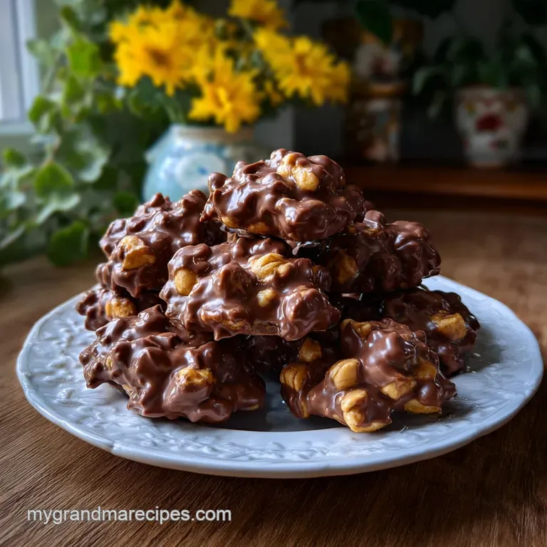 Silky dark chocolate peanut clusters displayed on a small white plate, a few scattered peanuts offering texture contrast.