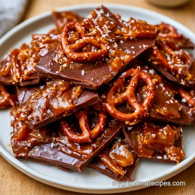 Neatly stacked pieces of salty-sweet brittle on a marble slab, topped with a light dusting of coarse sea salt.