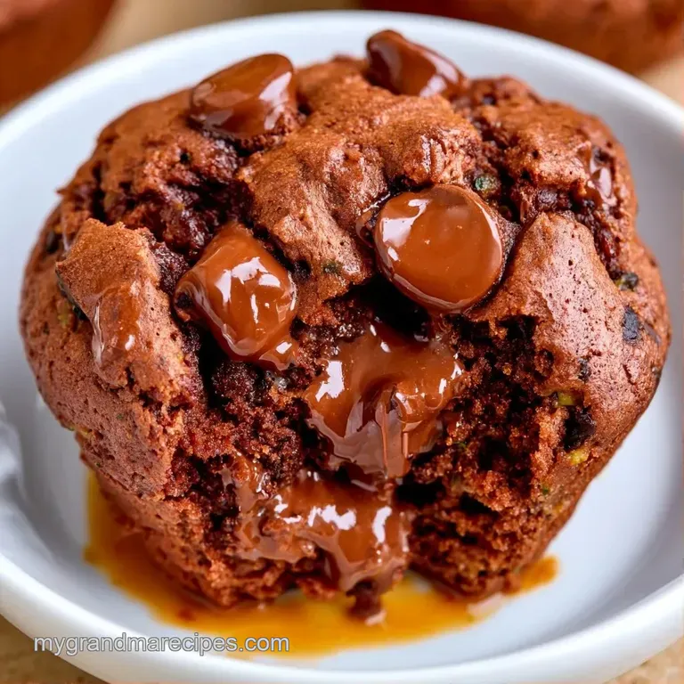 A stack of rich cocoa-colored muffins on a white ceramic plate, garnished with fresh raspberries and mint leaves.