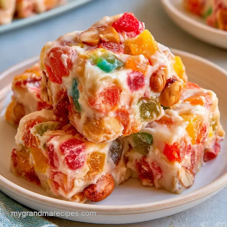 Elegant stacks of creamy white sweets with colorful nuts on a marble slab, accented by a few festive holly leaves.