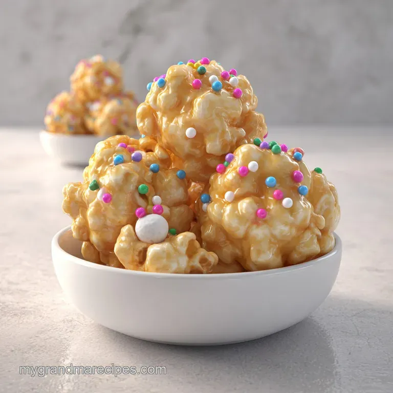 Golden popcorn spheres with red candy accents arranged on a wooden board with festive evergreen sprigs.
