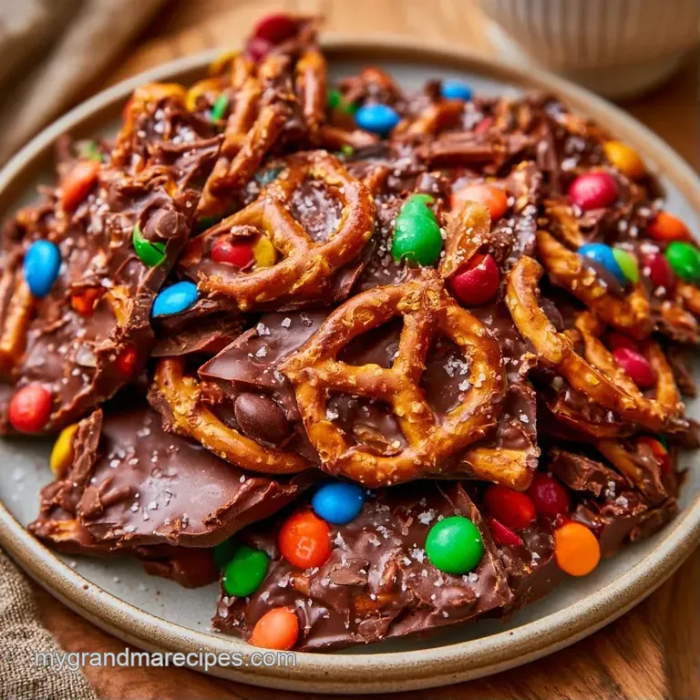 Elegant shards of dark cocoa chocolate and salty knots piled high on a charcoal slate board with sea salt.