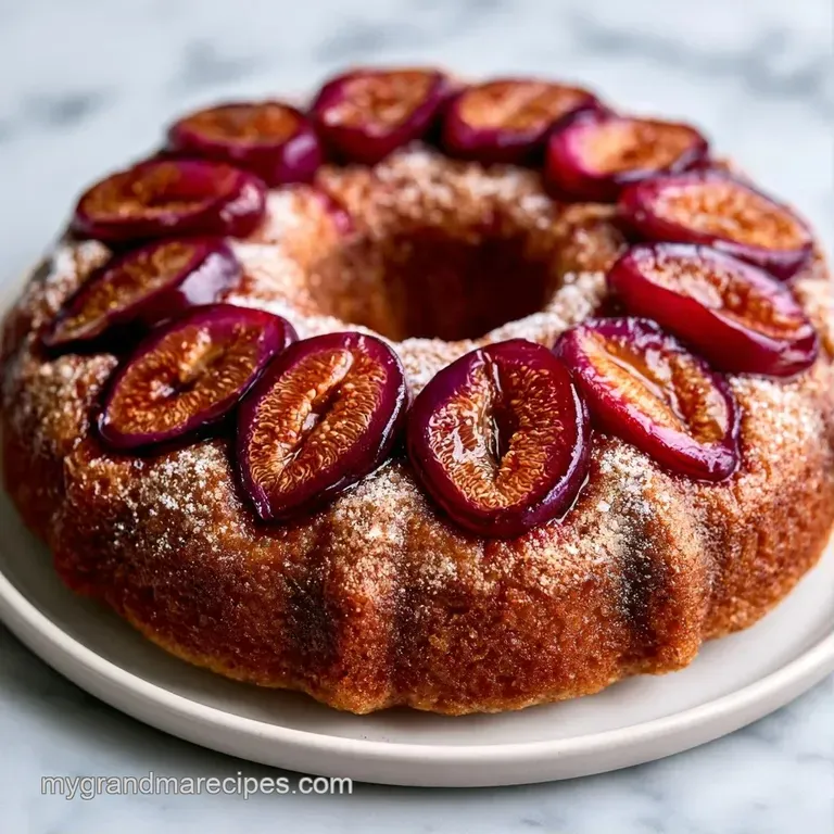 Slice of moist spice cake topped with glazed purple plums and a swirl of creamy white yogurt on a minimalist plate.