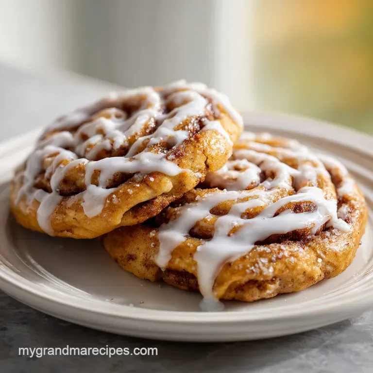 Stack of three cinnamon roll cookies, drizzled glaze cascading down, crumbs on a white plate. Simple, delicious, homemade ...