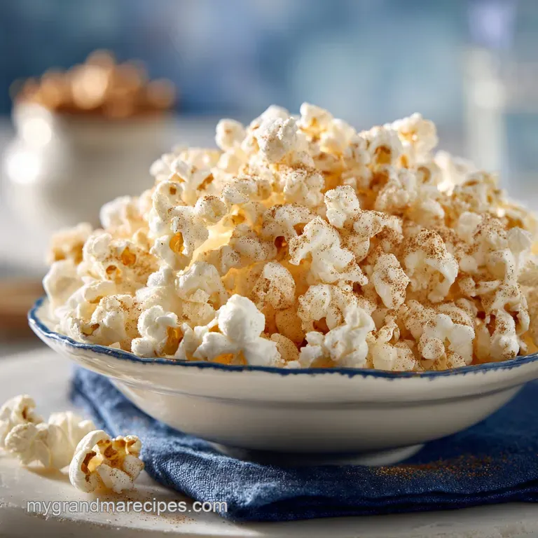 A rustic bowl overflowing with airy, light brown popcorn, dusted with a sweet cinnamon sugar shimmer, ready to share.