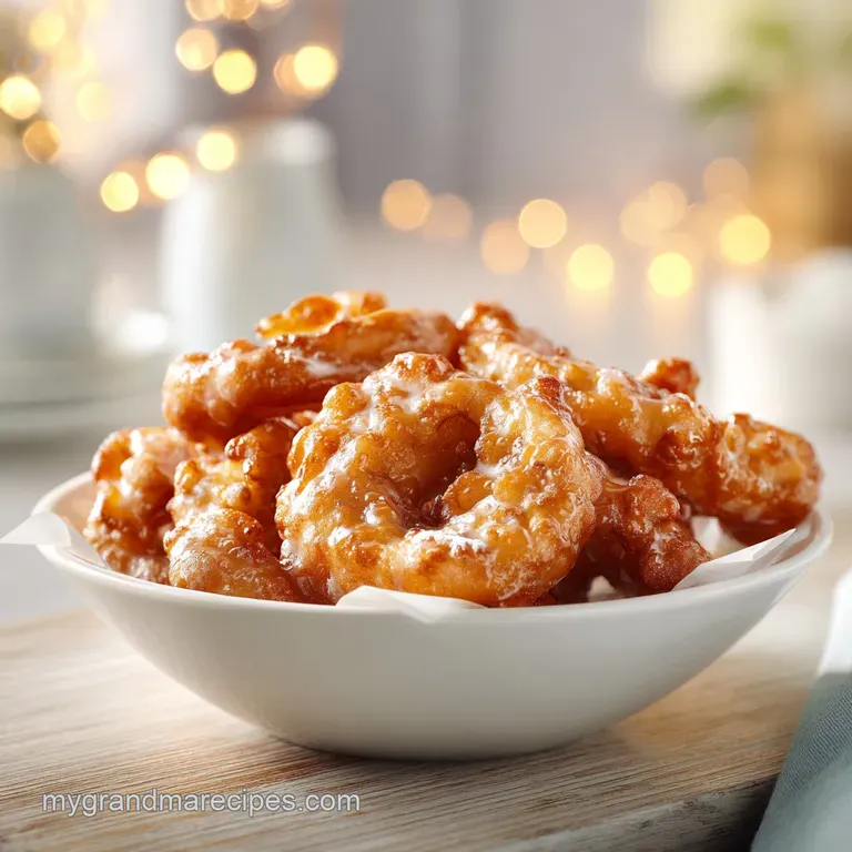 Crispy apple fritter, glistening with glaze, served warm on a white plate with a dollop of cream.