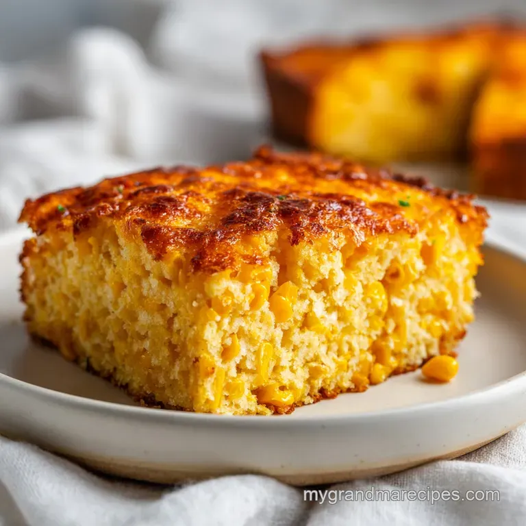 A generous scoop of warm, fluffy corn casserole artfully placed on a white plate, garnished.