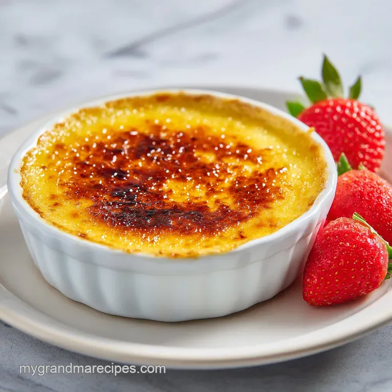 Elegant ramekin with a perfectly torched sugar top, served on a white plate.