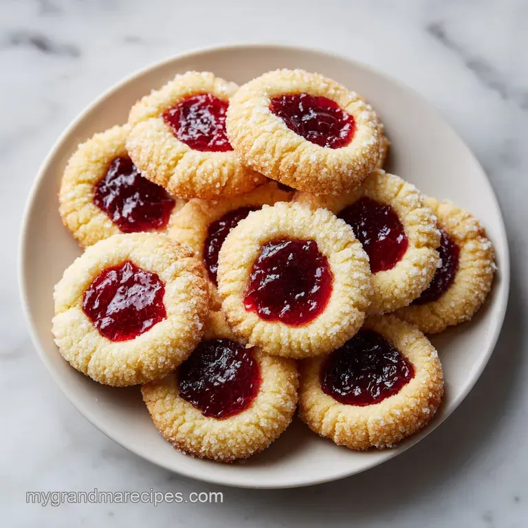 A pristine white plate showcasing three perfectly formed thumbprint cookies, dusted with powdered sugar.