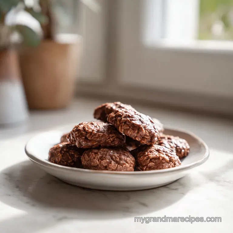 A neat stack of dark, chewy no-bake cookies arranged on a rustic ceramic plate, dusted lightly.