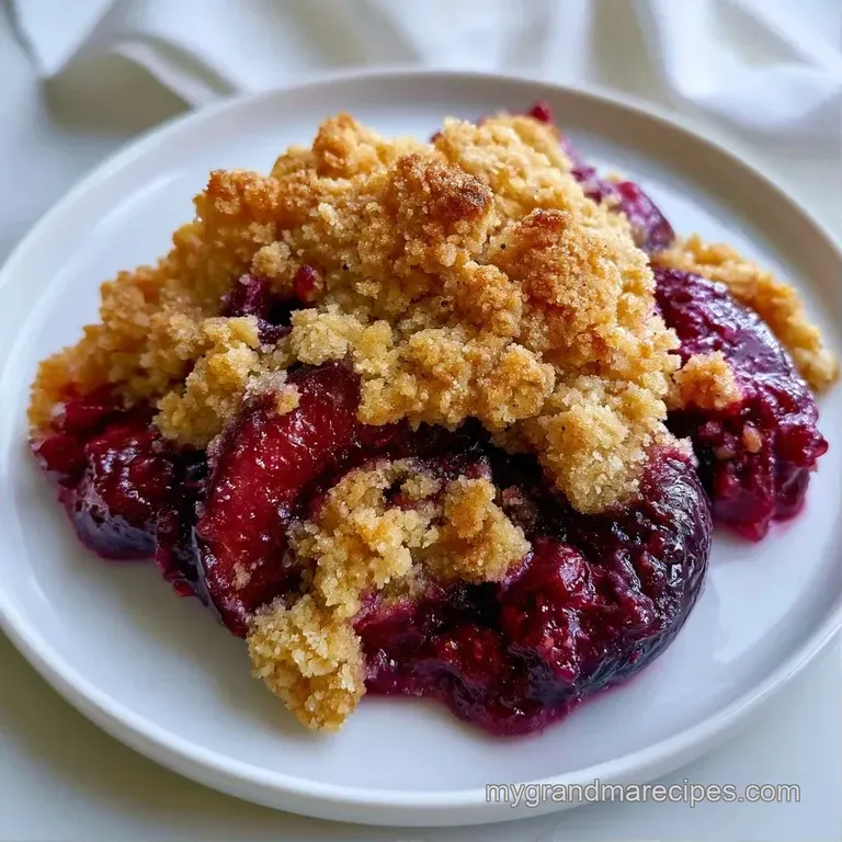 A slice of warm purple fruit dessert with golden oat crumble and melting vanilla ice cream on a ceramic plate.