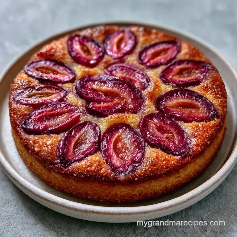A slice of warm purple plum cake on a white ceramic plate with a dollop of vanilla cream and a fresh mint leaf.