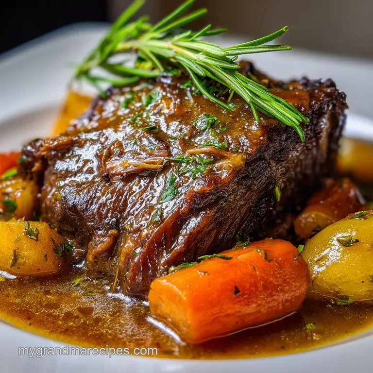 Perfectly arranged pot roast slice with carrots and potatoes, drizzled with glistening gravy, and garnished with fresh her...