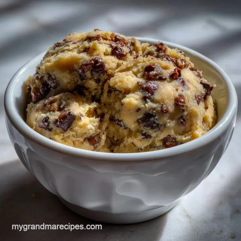 A single scoop of cookie dough on a white plate, alongside a small ramekin of chocolate chips, creating an elegant present...
