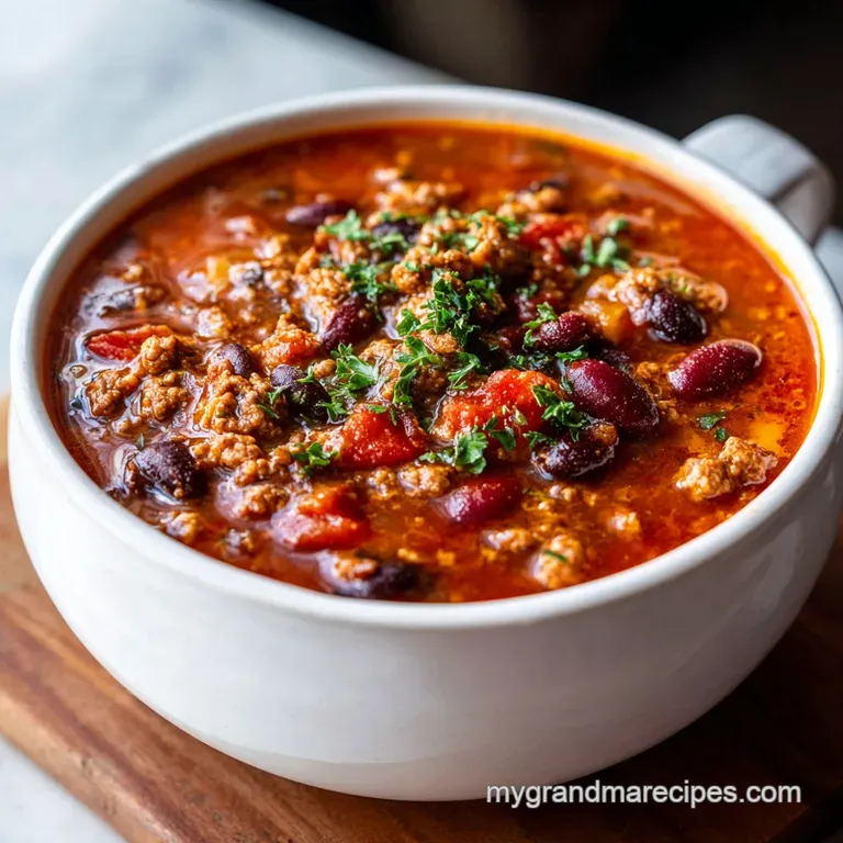 Chili ladled into a white bowl, garnished with vibrant green scallions and a sprinkle of shredded cheddar, hinting at warm...
