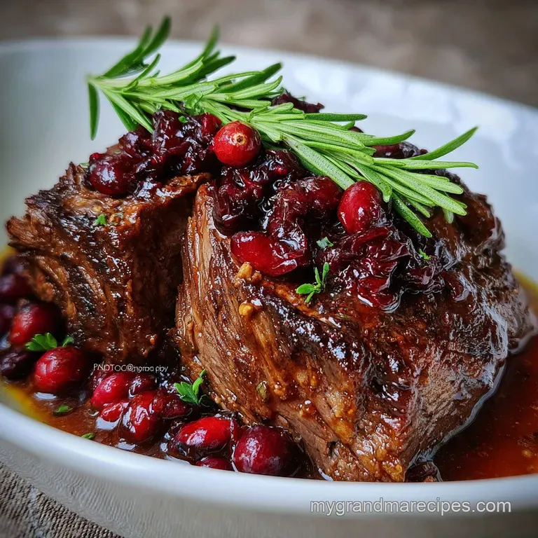 Elegant slice of tender braised beef glistening with cranberry balsamic glaze, plated with creamy mashed potatoes and vibr...