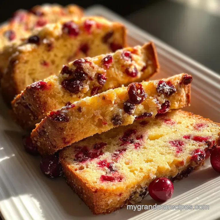 Slices of cranberry bread served on a white plate, the crust a deep golden brown, with a dollop of creamy topping and fres...