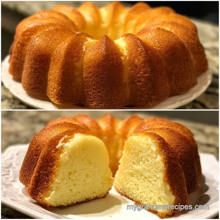 Slice of dense, yellow pound cake on white plate, dusted with powdered sugar. Berries add pops of bright color.