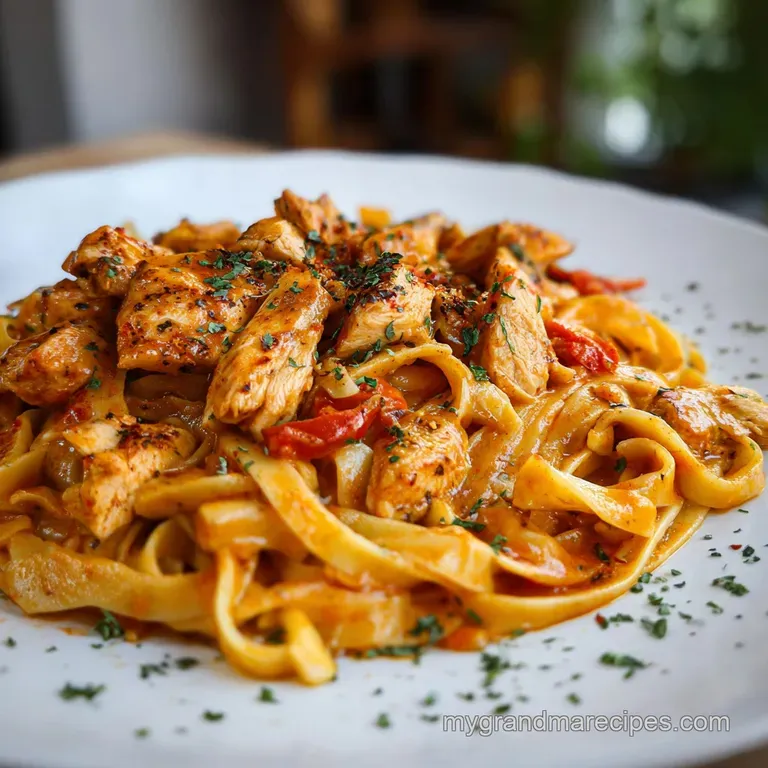 Elegant swirl of creamy Cajun pasta with juicy chicken, dusted paprika, and fresh parsley on a bright white plate.