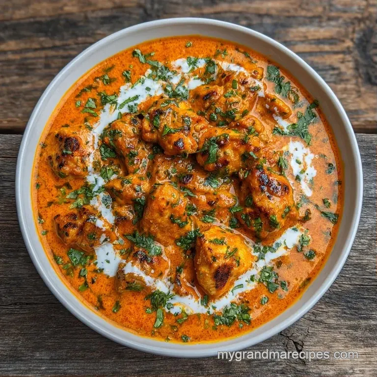 A ceramic bowl of orange curry paired with fluffy white basmati rice and warm, buttery naan on a wooden table.