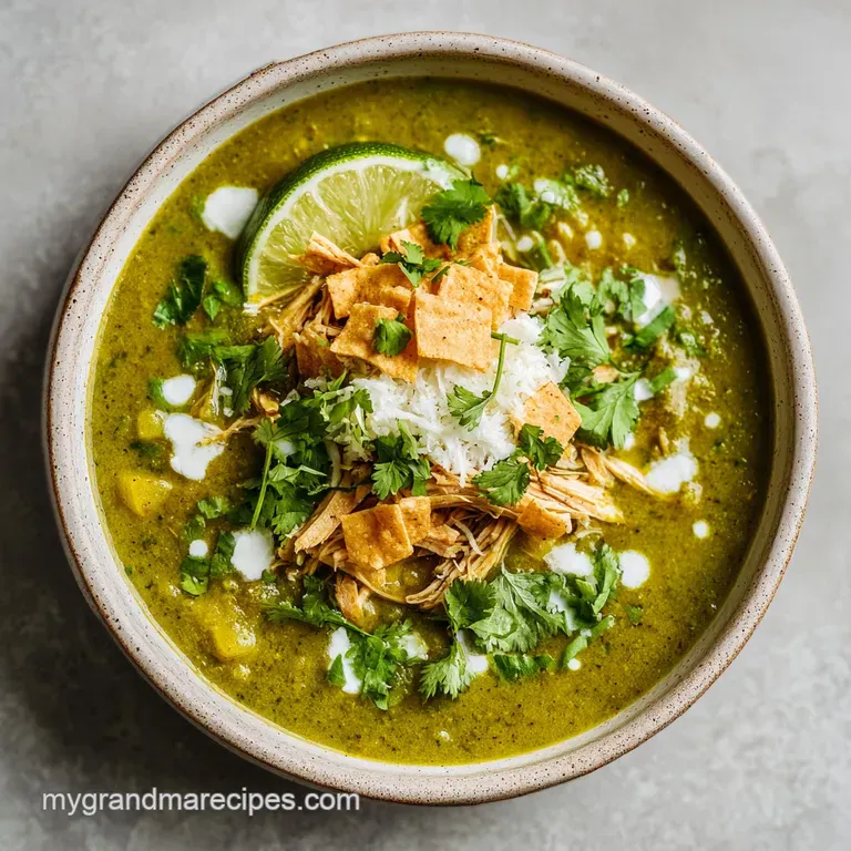 Elegant bowl of creamy, green chicken soup topped with fresh cilantro, cotija cheese, and crispy tortilla strips.