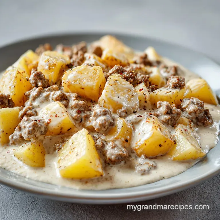 A portion of tender potato cubes and savory browned meat coated in a rich cream sauce on a clean white ceramic plate.