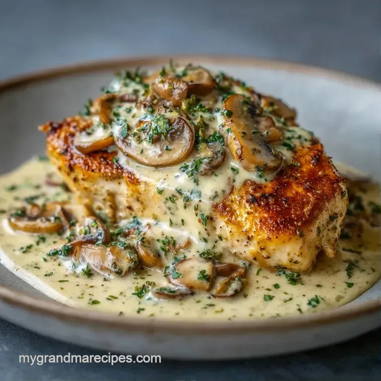 Elegant plate of seared chicken smothered in a glossy mushroom cream sauce, garnished with vibrant fresh parsley.