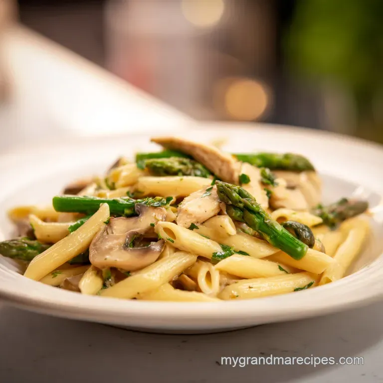 Elegant white bowl of pasta topped with fresh parsley, sliced mushrooms, and tender asparagus spears on a linen cloth.