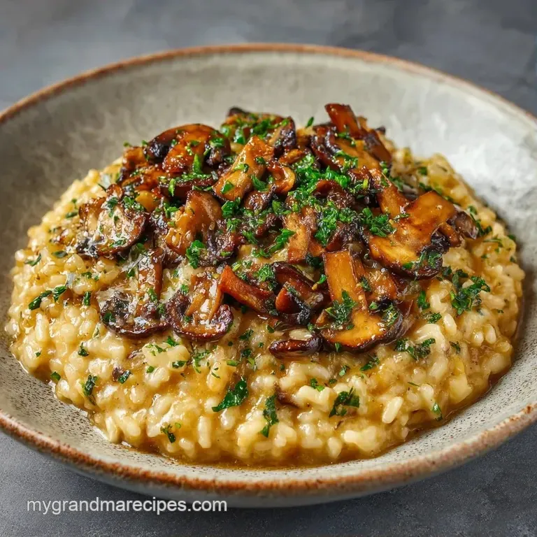 A polished white plate featuring a mound of velvety rice topped with saut&eacute;ed mushrooms and a drizzle of olive oil.