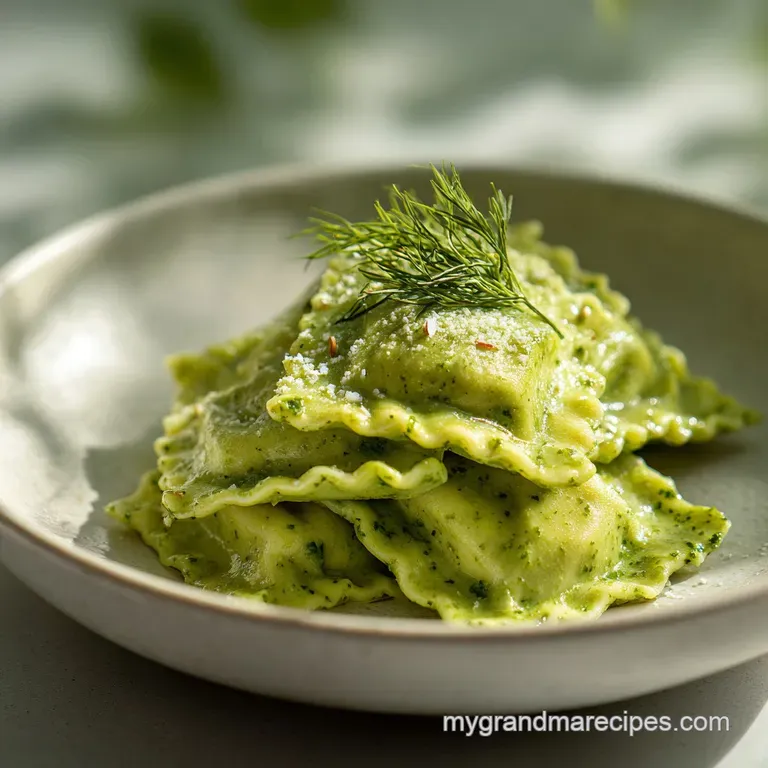 Elegant plate of creamy pesto ravioli. Swirls of vibrant green pesto contrast with the creamy yellow of the pasta.
