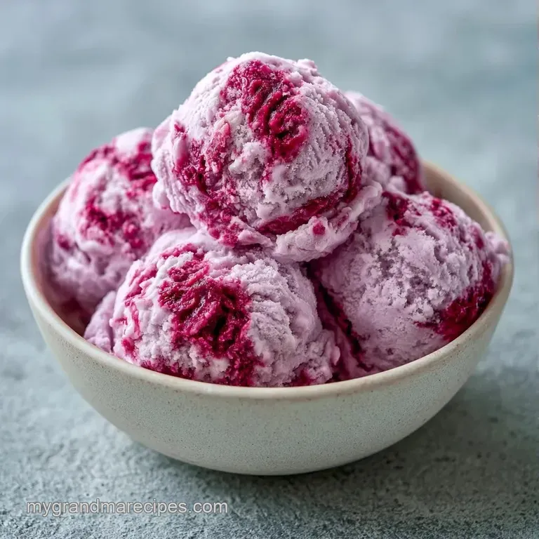 Three scoops of smooth purple frozen dessert in a glass bowl with thin plum slices and a glossy syrup drizzle.