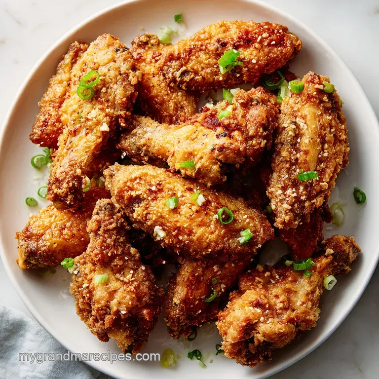 A neat stack of juicy, tender chicken wings on a white plate, lightly tossed in a spicy glaze.