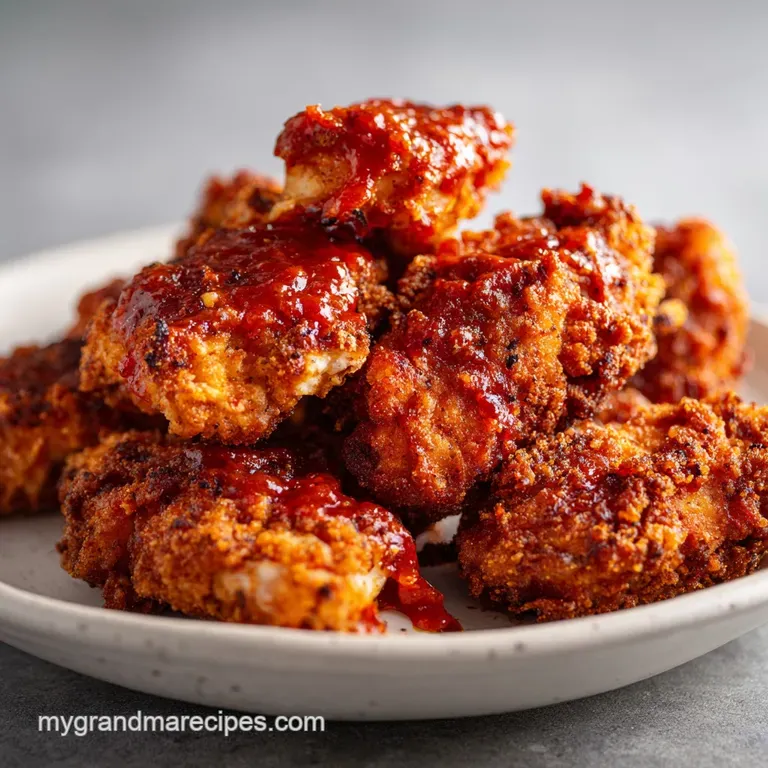 Plated chicken thigh glistening with spiced tomato sauce, alongside creamy polenta. Garnished with fresh basil on a white ...