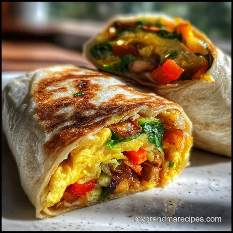 Tortilla wrap, cut open revealing layers of egg and filling. Lightly browned, plated to showcase textures and tempting mor...