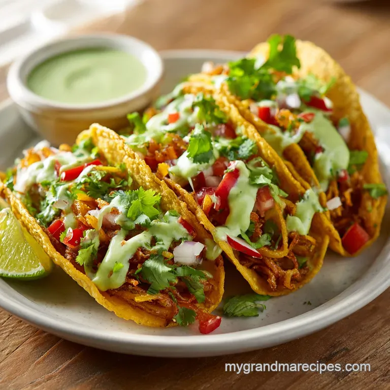An artfully arranged plate of crispy potato tacos, topped with bright red salsa and fresh avocado slices.