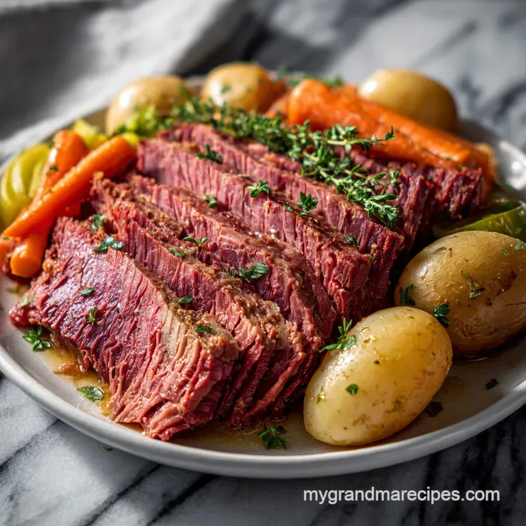 Slices of juicy corned beef plated with soft cabbage wedges and bright orange carrots, glistening with savory juices.