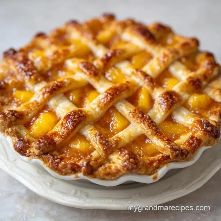 A warm slice of fruit pie on a white plate topped with a melting scoop of vanilla bean ice cream and fresh mint.