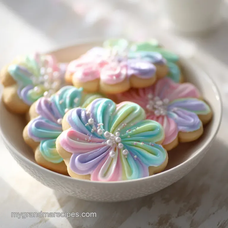 Pastel pink and yellow frosted treats arranged in a neat circle on a white ceramic plate with fresh spring blooms.