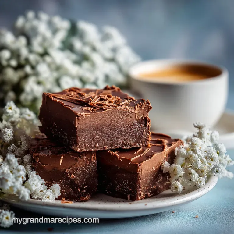 A slice of decadent fudge on a white plate, garnished with fresh raspberries and a sprig of mint for a touch of freshness.